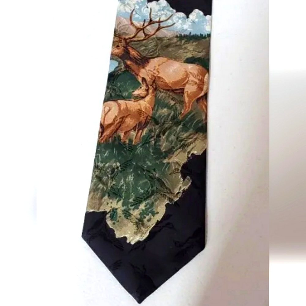 Field Wear Church Neck Tie With 2 Deer In A Meadow. Black With Embossed Ducks